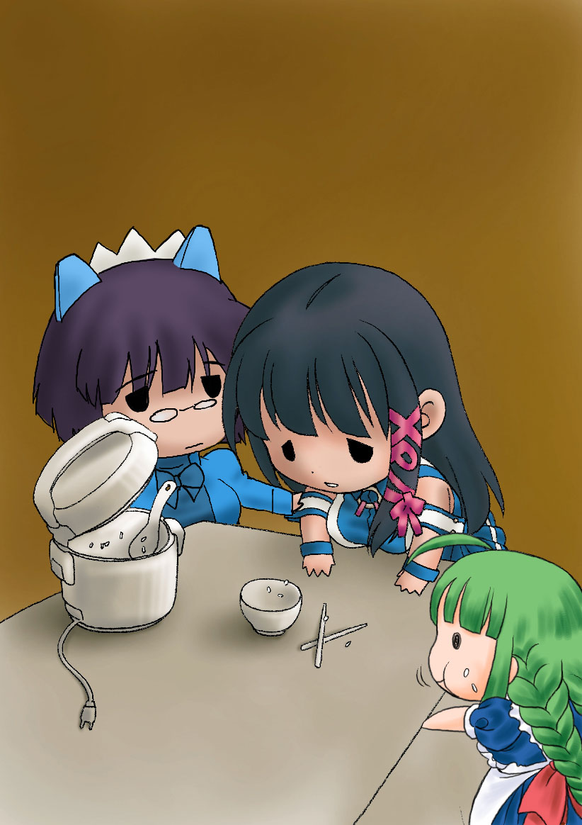 2k-tan, me-tan, xp-tan, i asked for scrambled, os-tan, 3girls, ahoge, blue hair, bowl, braid, brown background, chibi, chopsticks, eating, fine art parody, glasses, green eyes, hair ornament, hungry, multiple girls, parody, purple hair, rice, rice cooker, sad, simple background, table, x hair ornament