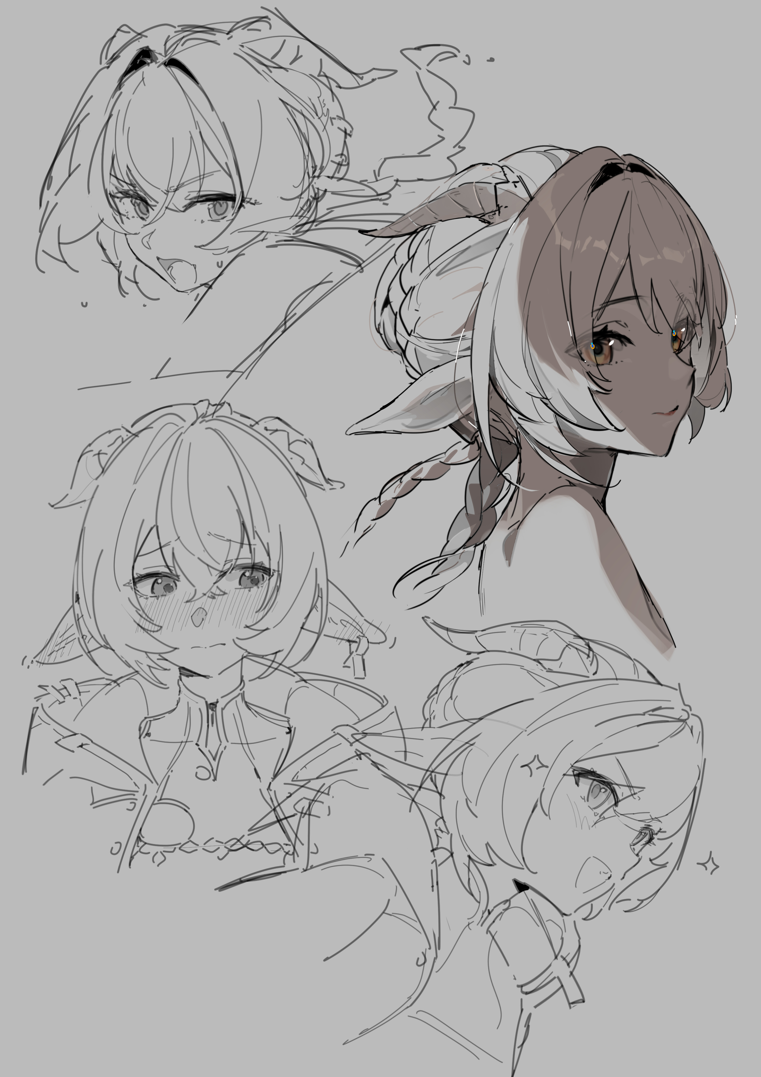 rosem lin, zenless zone zero, absurdres, highres, 1girl, ahoge, averting eyes, blush, braid, breasts, closed mouth, ear tag, goat horns, greyscale, horns, low twin braids, lucia (zenless zone zero), monochrome, multiple expressions, multiple views, open mouth, serious, smile, sparkle, sweatdrop, twin braids