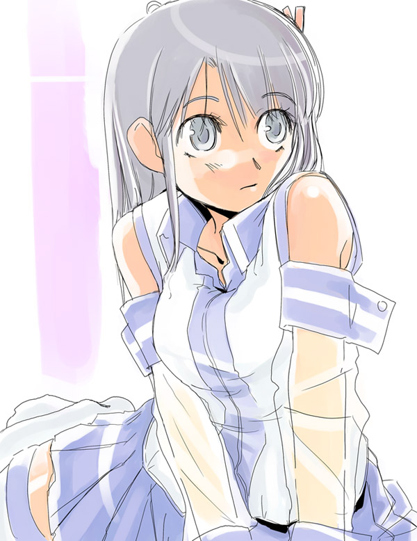 xp-tan, os-tan, silver hair, 1girl, bare shoulders, blue skirt, detached sleeves, female focus, grey eyes, long hair, long sleeves, see-through clothes, simple background, skirt, solo, thighhighs, white background, white thighhighs, zettai ryouiki