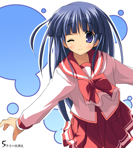 kantoku, kusakabe yuuki (to heart 2), to heart (series), to heart 2, 00s, 1girl, ;), blue eyes, blue hair, female focus, long hair, long sleeves, matching hair/eyes, one eye closed, pleated skirt, school uniform, serafuku, skirt, smile, solo, split mouth, wink