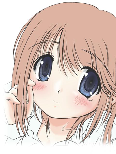 shiukichi, komaki manaka, to heart (series), to heart 2, 00s, 1girl, adjusting hair, blue eyes, blush, brown hair, female focus, hair between eyes, portrait, shirt, simple background, smile, solo, split mouth, tears, white background, white shirt