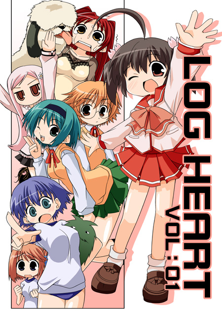 serebi ryousangata, sforce, genjimaru, komaki manaka, kousaka tamaki, lucy maria misora, tonami yuma, yamada michiru, yoshioka chie, yuzuhara konomi, logheart, to heart (series), to heart 2, 00s, 6+girls, ;d, ahoge, aqua hair, blue hair, brown eyes, brown hair, dog, everyone, glasses, gym uniform, hair ornament, hairband, hairclip, long hair, long sleeves, multiple girls, old english sheepdog, one eye closed, open mouth, orange hair, pink hair, pleated skirt, pointing, red eyes, red hair, school uniform, serafuku, skirt, smile, sweat, tongue, twintails, wink