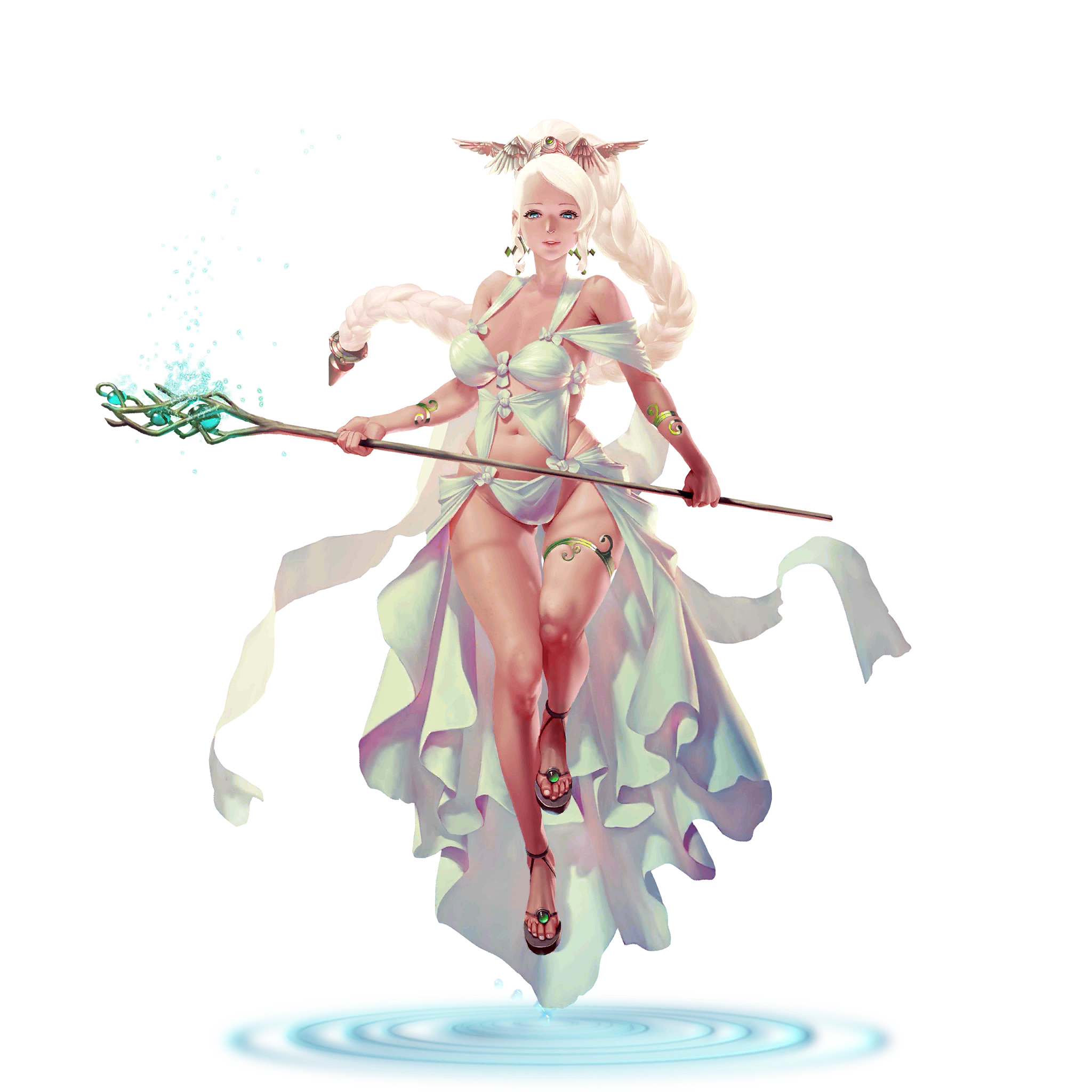 crystal maiden (series), artist request, game cg, highres, official art, variant set, 1girl, anastasia (crystal maidens), bare arms, bare legs, bare shoulders, blue eyes, braid, breasts, cleavage, earrings, floating, full body, groin, hair ornament, holding, holding staff, jewelry, long hair, magic, navel, open mouth, sandals, solo, staff, transparent background, water drop, white hair, wing hair ornament