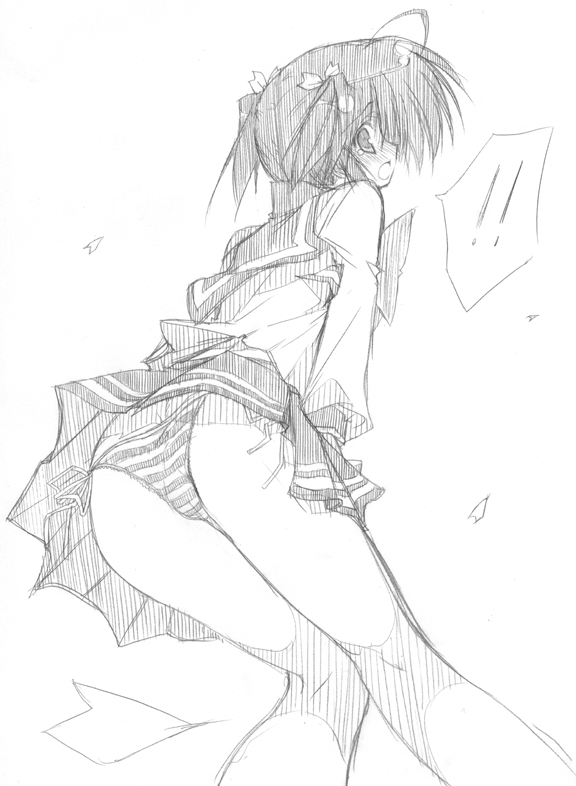 10mo, yuzuhara konomi, to heart (series), to heart 2, graphite (medium), traditional media, !, !!, 00s, 1girl, ass, blush, female focus, greyscale, monochrome, panties, pantyshot, pleated skirt, school uniform, serafuku, side-tie panties, sketch, skirt, solo, striped clothes, striped panties, underwear