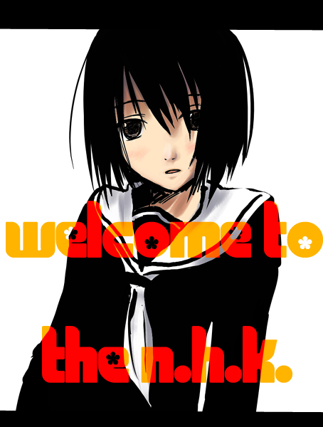 crimsongarden, nakahara misaki, nhk ni youkoso!, 00s, 1girl, black eyes, black hair, blush, bob cut, copyright name, english text, female focus, flat chest, letterboxed, long sleeves, looking at viewer, open mouth, school uniform, serafuku, short hair, simple background, solo, text focus, upper body