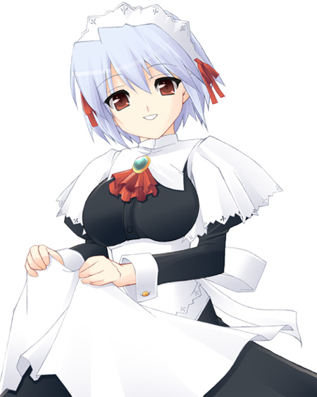 ssg, takamura kazuha, kotonomiya yuki, suigetsu, silver hair, 1girl, apron, apron lift, brooch, brown eyes, clothes lift, female focus, hair between eyes, jewelry, long sleeves, maid, maid headdress, ribbon, short hair, simple background, solo, white background, white wrist cuffs, wrist cuffs