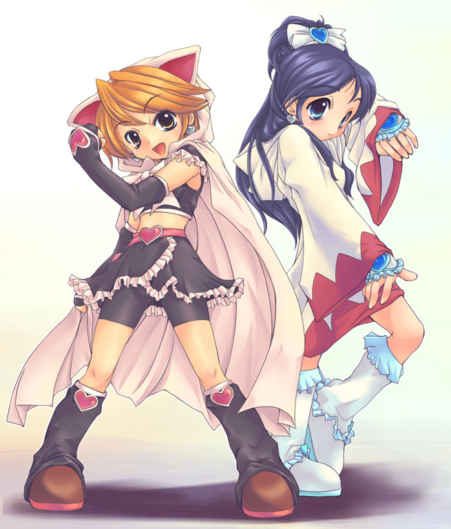 cure black, cure white, misumi nagisa, white mage (final fantasy), yukishiro honoka, final fantasy, futari wa precure, precure, black footwear, white footwear, 2girls, animal ears, bike shorts, black gloves, blonde hair, blue eyes, boots, brown eyes, cape, cat ears, cosplay, earrings, elbow gloves, fighting stance, gloves, half updo, heart, heart earrings, jewelry, knee boots, long hair, long sleeves, magical girl, midriff, multiple girls, orange hair, purple hair, short hair, simple background, white background, white mage (final fantasy) (cosplay)