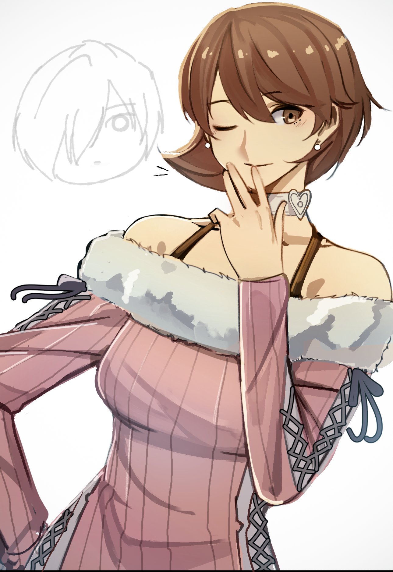 code nt, takeba yukari, yuuki makoto (persona 3), persona, persona 3, highres, 1boy, 1girl, bare shoulders, bra strap, breasts, brown eyes, brown hair, choker, closed mouth, cross-laced clothes, cross-laced sleeves, cross-laced sweater, earrings, finger to mouth, flipped hair, fur-trimmed sweater, fur trim, hand on own hip, hand up, heart, heart choker, jewelry, long sleeves, looking at viewer, medium breasts, off-shoulder sweater, off shoulder, official alternate costume, one eye closed, pearl earrings, pink sweater, ribbed sweater, short hair, simple background, solo focus, sweater, upper body, white choker, winter clothes