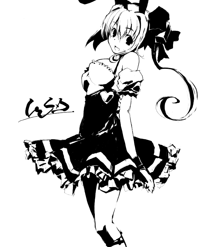 refeia, usada hikaru, di gi charat, 1girl, :d, animal ears, breasts, cowboy shot, female focus, from side, greyscale, heart, high contrast, large breasts, long hair, looking at viewer, monochrome, open mouth, rabbit ears, simple background, skirt, smile, solo, white background