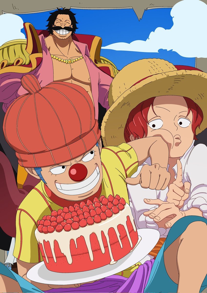 mugensakuga, buggy the clown, gol d. roger, shanks (one piece), one piece, official art, third-party source, 3boys, ^ ^, aged down, black hair, blue hair, blue sky, cake, closed eyes, cloud, coat, collared coat, epaulettes, eyelashes, facial hair, food, hat, jewelry, male focus, multiple boys, mustache, necklace, pink shirt, purple sash, red coat, red hair, red nose, sash, shirt, short hair, sky, smile, straw hat, t-shirt