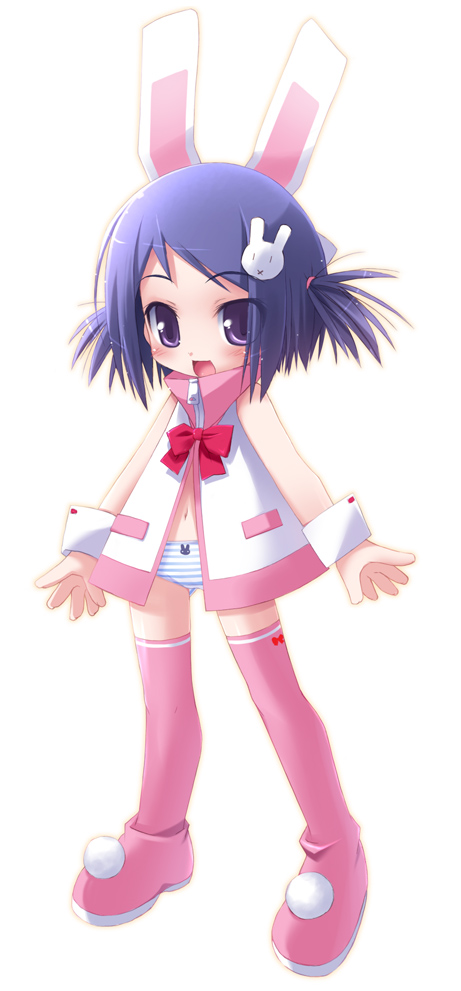 haga yui, original, 1girl, :d, animal ears, animal print, blue hair, blue panties, female focus, front-print panties, open mouth, panties, pink thighhighs, print panties, purple eyes, rabbit ears, rabbit panties, rabbit print, simple background, smile, solo, striped clothes, striped panties, thighhighs, underwear, white background