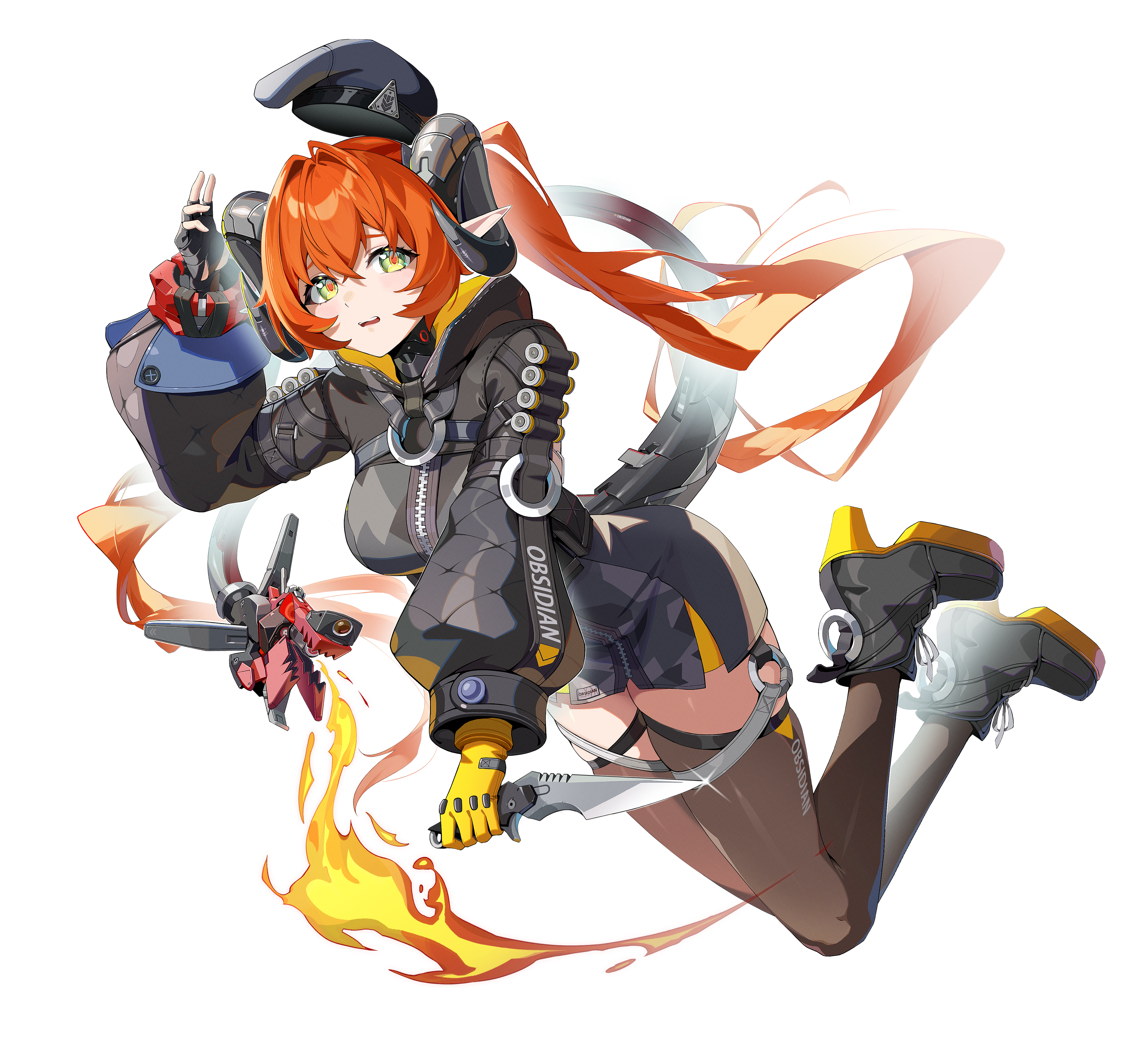 misterchief, magus (zenless zone zero), orphie magnusson, zenless zone zero, absurdres, commentary, highres, 1girl, asymmetrical gloves, black gloves, black hat, black shoes, brown thighhighs, fingerless gloves, fire, full body, glint, gloves, green eyes, hat, holding, holding knife, holding weapon, horns, knife, long hair, long sleeves, mechanical tail, mismatched gloves, orange hair, orange pupils, pointy ears, shoes, simple background, tail, thighhighs, weapon, white background, yellow gloves, zipper