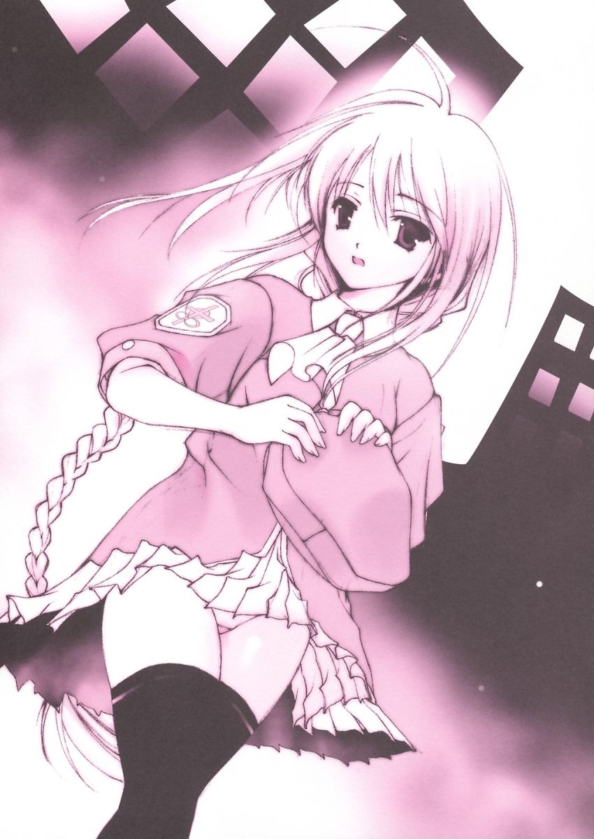 naruse hirofumi, sion eltnam (type-moon), sion eltnam atlasia, melty blood, tsukihime, type-moon, uniform, highres, 00s, 1girl, black thighhighs, braid, female focus, long hair, monochrome, panties, pantyshot, pink theme, pleated skirt, ponytail, single braid, skirt, solo, standing, thighhighs, underwear, upskirt, very long hair, zettai ryouiki