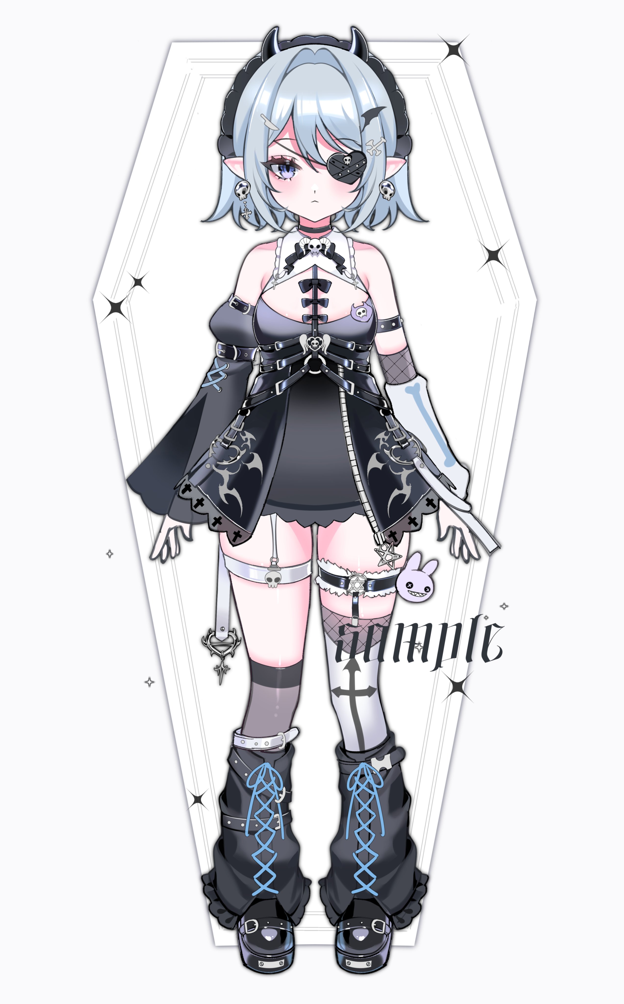 saga666, original, absurdres, commentary, english commentary, highres, 1girl, asymmetrical legwear, bare shoulders, belt, belt buckle, black belt, black choker, black dress, black headband, black shoes, black socks, blue eyes, blue hair, breasts, buckle, choker, closed mouth, double-parted bangs, dress, eyepatch, full body, hair ornament, headband, long sleeves, looking at viewer, mismatched legwear, one eye covered, pointy ears, sample watermark, shoes, short hair, small breasts, socks, solo, straight-on, thigh strap, watermark, white background, wing hair ornament