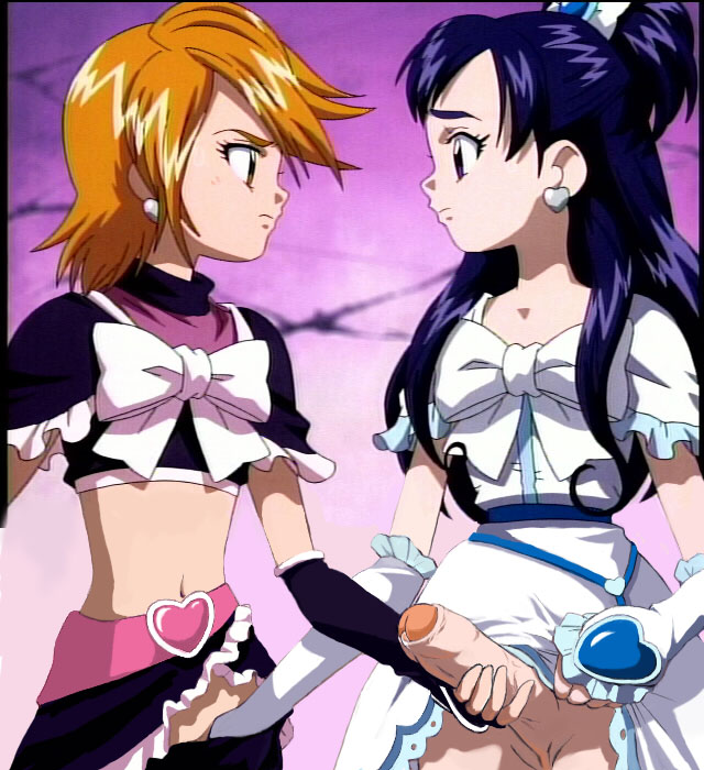 cure black, cure white, misumi nagisa, yukishiro honoka, futari wa precure, precure, anime screenshot, third-party edit, 00s, 1futa, 1girl, brown eyes, brown hair, earrings, elbow gloves, eye contact, fingering, foreskin, futa with female, futanari, gloves, handjob, jewelry, long hair, looking at another, magical girl, midriff, multiple girls, mutual masturbation, no testicles, orange hair, penis, precum, purple eyes, purple hair, red hair, short hair, uncensored