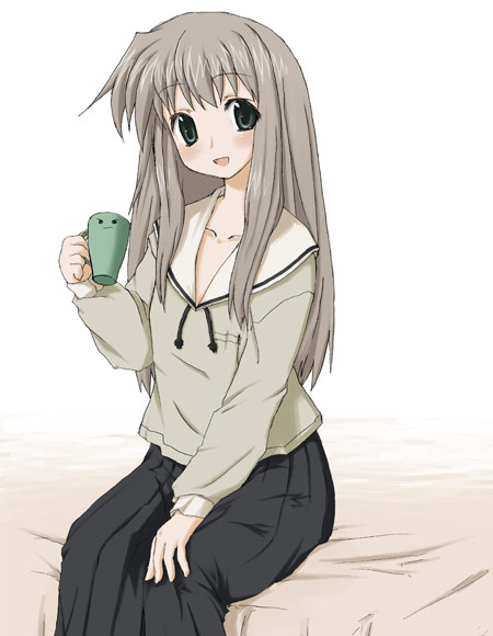 shirogane sara, futakoi, 00s, 1girl, :d, breast pocket, cup, female focus, green eyes, grey hair, holding, long hair, long sleeves, open mouth, pocket, sitting, smile, solo, white background