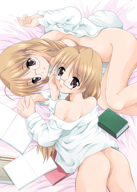arino hiroshi, chigusa koi, chigusa ui, futakoi, 00s, 2girls, ass, blonde hair, book, bottomless, brown hair, glasses, holding hands, interlocked fingers, long sleeves, multiple girls, naked shirt, open book, open clothes, open shirt, purple eyes, shirt, siblings, sisters, twins, yuri