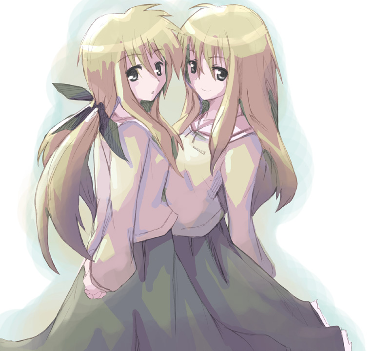 takanashi akihito, shirogane sara, shirogane souju, futakoi, futakoi alternative, 00s, 2girls, blonde hair, breast press, breasts, hair between eyes, long hair, long sleeves, multiple girls, siblings, sisters, small breasts, smile, symmetrical docking, twins
