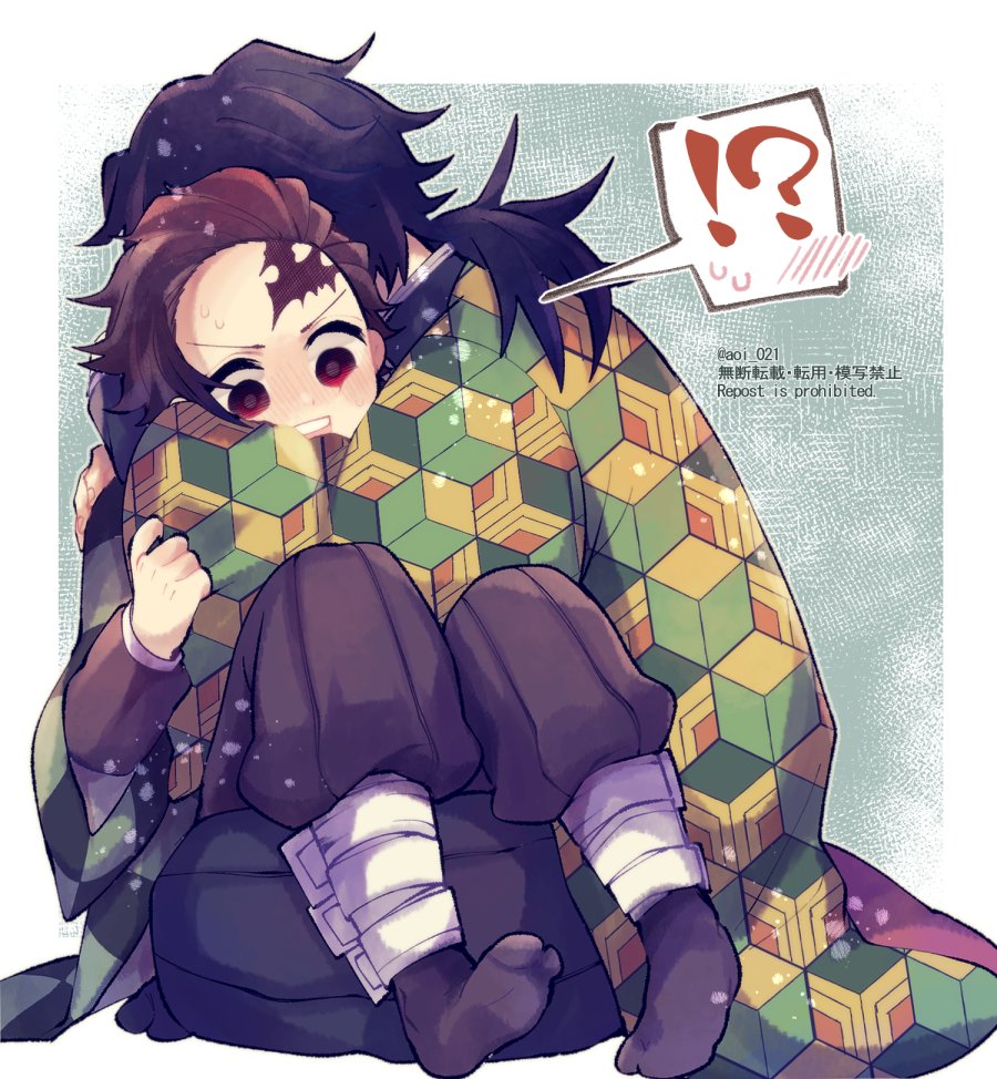 aoi choko (aoichoco), tomioka giyuu, kimetsu no yaiba, !?, 2boys, black hair, black jacket, black socks, brown hair, demon slayer uniform, haori, hug, jacket, japanese clothes, low ponytail, male focus, multiple boys, pink eyes, ponytail, print haori, red haori, sitting, socks, spiked hair