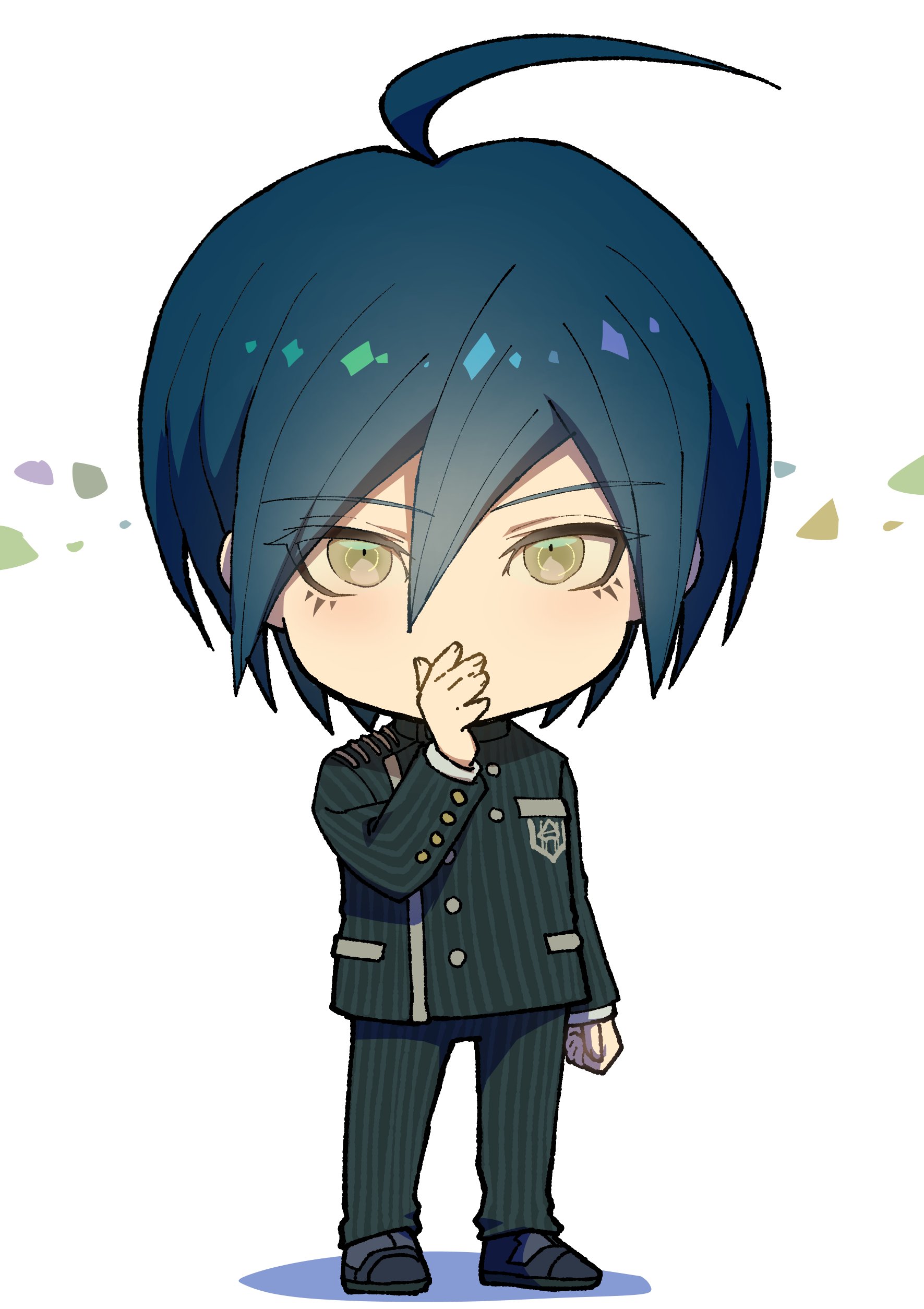 youko-shima, saihara shuichi, danganronpa (series), danganronpa v3: killing harmony, absurdres, highres, 1boy, ahoge, black hair, black jacket, black pants, chibi, full body, jacket, male focus, pants, simple background, solo, white background