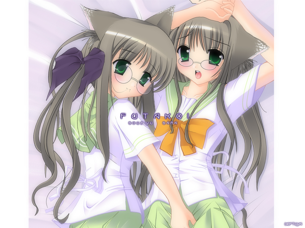 natsumiya yuzu, shirogane sara, shirogane souju, futakoi, futakoi alternative, silver hair, 00s, 2girls, animal ears, bespectacled, bow, cat ears, copyright name, glasses, green eyes, incest, long hair, multiple girls, pleated skirt, purple bow, school uniform, serafuku, short sleeves, siblings, sisters, skirt, twincest, twins, yellow bow, yuri
