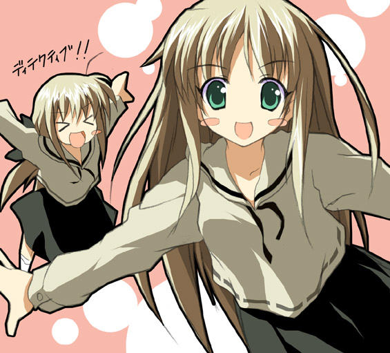 kantoku, shirogane sara, shirogane souju, futakoi, futakoi alternative, > <, 00s, 2girls, :d, blush stickers, brown hair, closed eyes, green eyes, long hair, long sleeves, multiple girls, open mouth, siblings, sisters, skirt, smile, twins