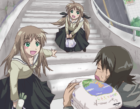 futaba rentarou, shirogane sara, shirogane souju, futakoi, lowres, 00s, 1boy, 2girls, :d, = =, bag, black hair, blush, brown hair, carrying, green eyes, grey hair, grey theme, hair ribbon, long hair, long sleeves, multiple girls, oekaki, open mouth, outdoors, ribbon, school uniform, serafuku, shopping bag, siblings, sisters, skirt, smile, stairs, sweatdrop, twins, twintails