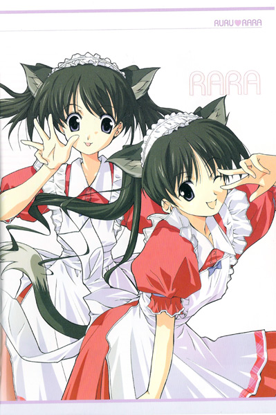 mutsumi sasaki, sasaki mutsumi, hinagiku lala, hinagiku lulu, futakoi, 00s, 2girls, ;d, animal ears, black hair, cat ears, cat tail, long hair, maid, maid headdress, multiple girls, one eye closed, open mouth, siblings, sisters, smile, tail, twins, v