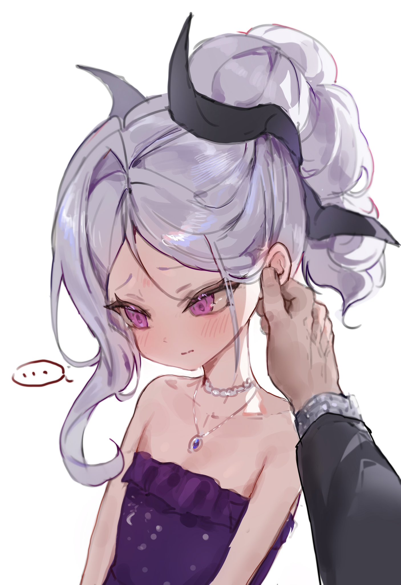 aaaa665951, hina (blue archive), hina (dress) (blue archive), blue archive, commentary, highres, …, 1boy, 1girl, bare shoulders, blush, closed mouth, collarbone, demon girl, demon horns, dress, flat chest, gem, hand on another's ear, horns, jewelry, long hair, looking down, multiple horns, necklace, no halo, official alternate costume, official alternate hairstyle, out of frame, parted bangs, pearl necklace, pendant, purple dress, purple eyes, purple gemstone, simple background, single sidelock, solo focus, spoken ellipsis, strapless, strapless dress, upper body, wavy mouth, white background, white hair