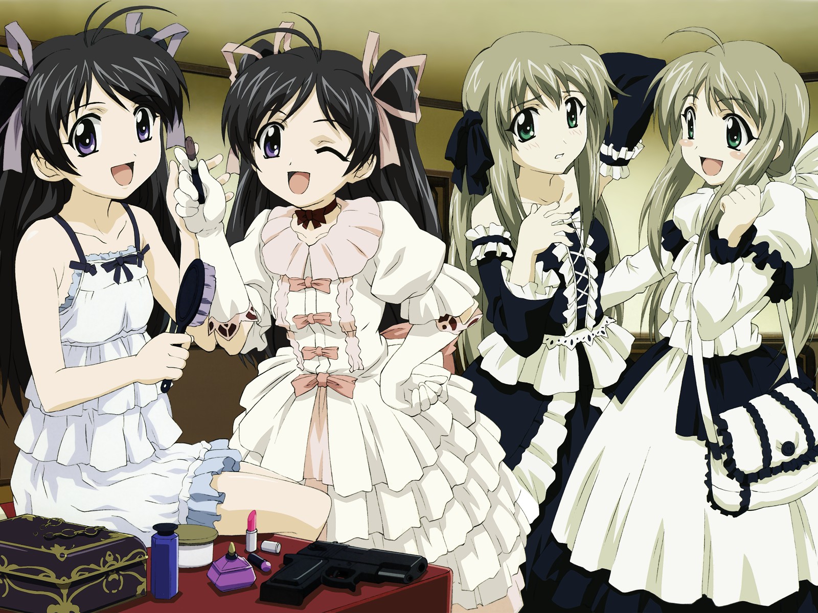 sakurazuki kira, sakurazuki yura, shirogane sara, shirogane souju, futakoi, futakoi alternative, brush, silver hair, highres, 00s, 2girls, :d, ;d, antenna hair, bag, black hair, cosmetics, detached sleeves, dress, gloves, gothic lolita, green eyes, gun, hair ribbon, hand on own hip, handbag, handgun, holding, lipstick tube, lolita fashion, long hair, makeup, multiple girls, one eye closed, open mouth, pistol, purple eyes, ribbon, siblings, sisters, smile, twins, weapon, white gloves