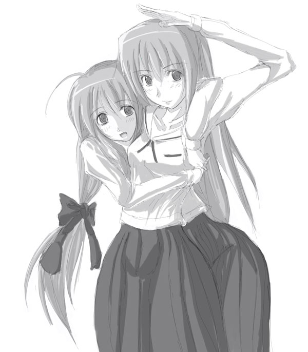 shirogane sara, shirogane souju, futakoi, 00s, 2girls, :d, ahoge, blush, bow, greyscale, hair bow, hug, hug from behind, long hair, long sleeves, low-tied long hair, monochrome, multiple girls, open mouth, pleated skirt, ponytail, salute, school uniform, serafuku, siblings, simple background, sisters, skirt, smile, twins, white background
