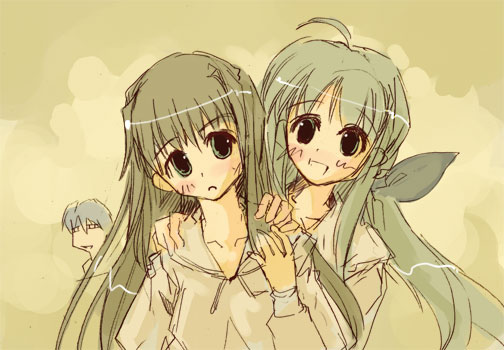 momiji mao, futaba rentarou, shirogane sara, shirogane souju, futakoi, 00s, 1boy, 2girls, :d, ahoge, long hair, multiple girls, open mouth, siblings, sisters, smile, twins