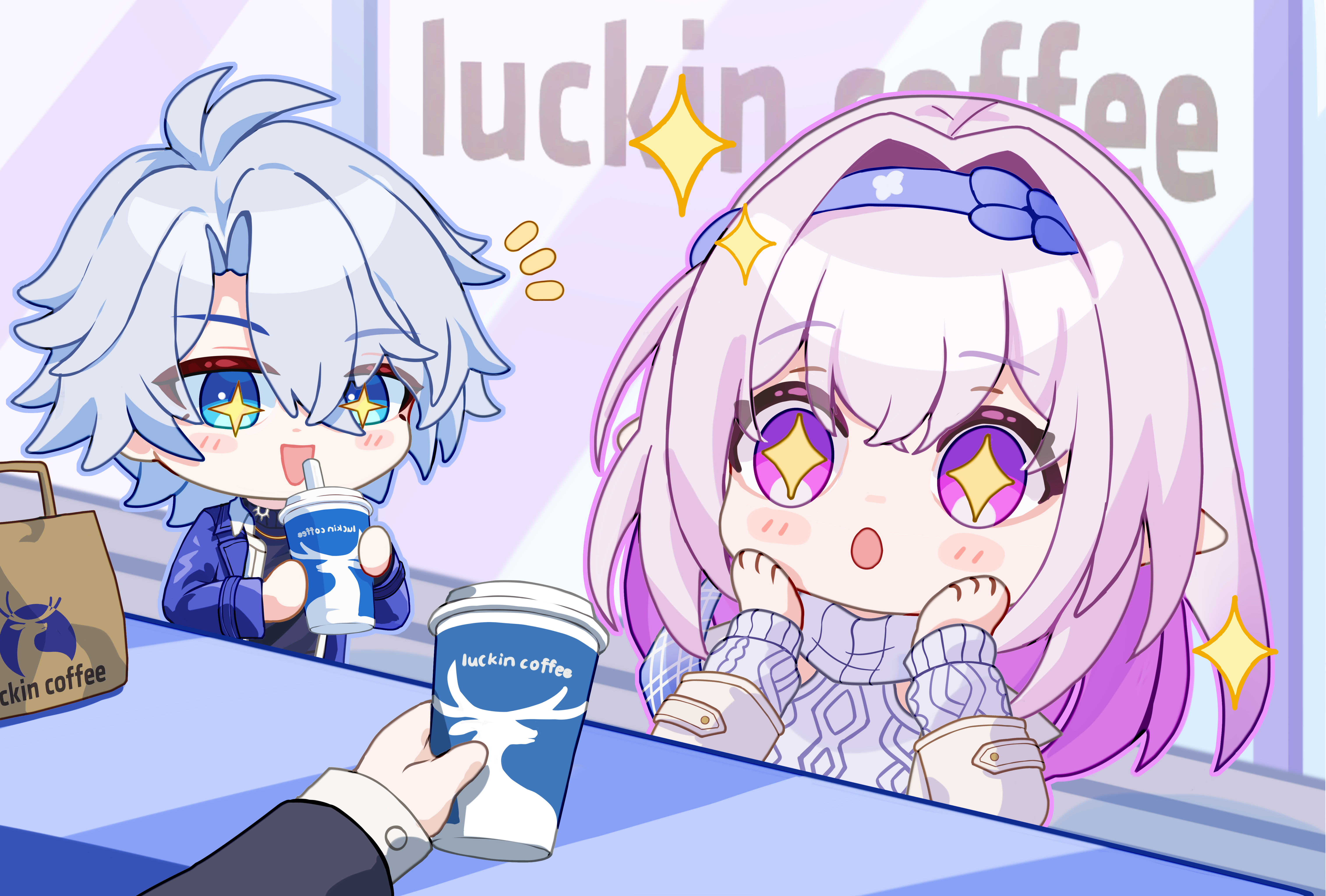 bupa chila, castorice (honkai: star rail), phainon (honkai: star rail), honkai: star rail, honkai (series), absurdres, highres, + +, 1boy, 1girl, 1other, :o, black sweater, blue coat, blue eyes, blue hairband, castorice (luckin coffee) (honkai: star rail), coat, cup, disposable cup, grey sweater, hairband, holding, holding cup, long hair, official alternate costume, phainon (luckin coffee) (honkai: star rail), pointy ears, pov, pov hands, purple eyes, purple hair, short hair, sweater, turtleneck, turtleneck sweater, white hair
