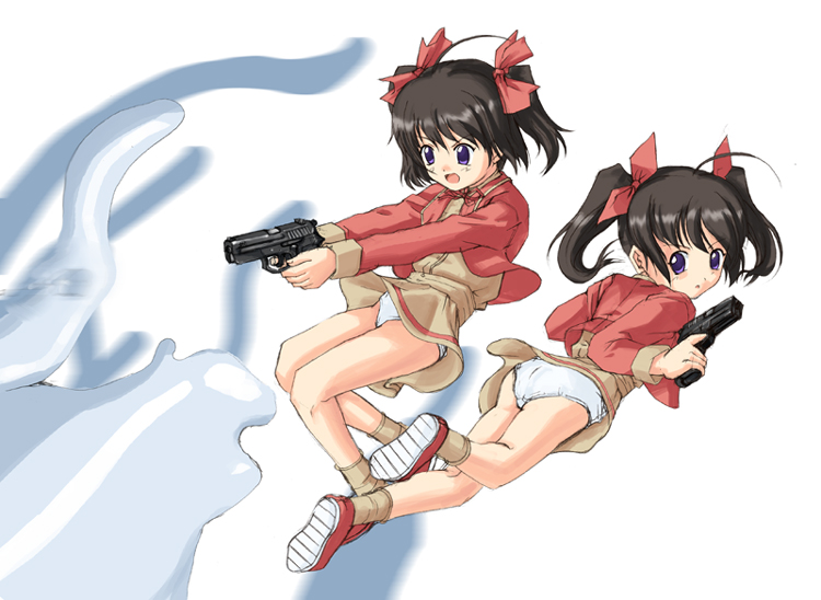 hinagiku lala, hinagiku lulu, futakoi, sig sauer, 00s, 2girls, ahoge, black hair, bow, gun, hair bow, handgun, holding, holding gun, holding weapon, loli, long sleeves, multiple girls, panties, pantyshot, pink bow, pistol, purple eyes, semi-automatic pistol, siblings, sig pro, sisters, skirt, twins, twintails, underwear, weapon, white panties