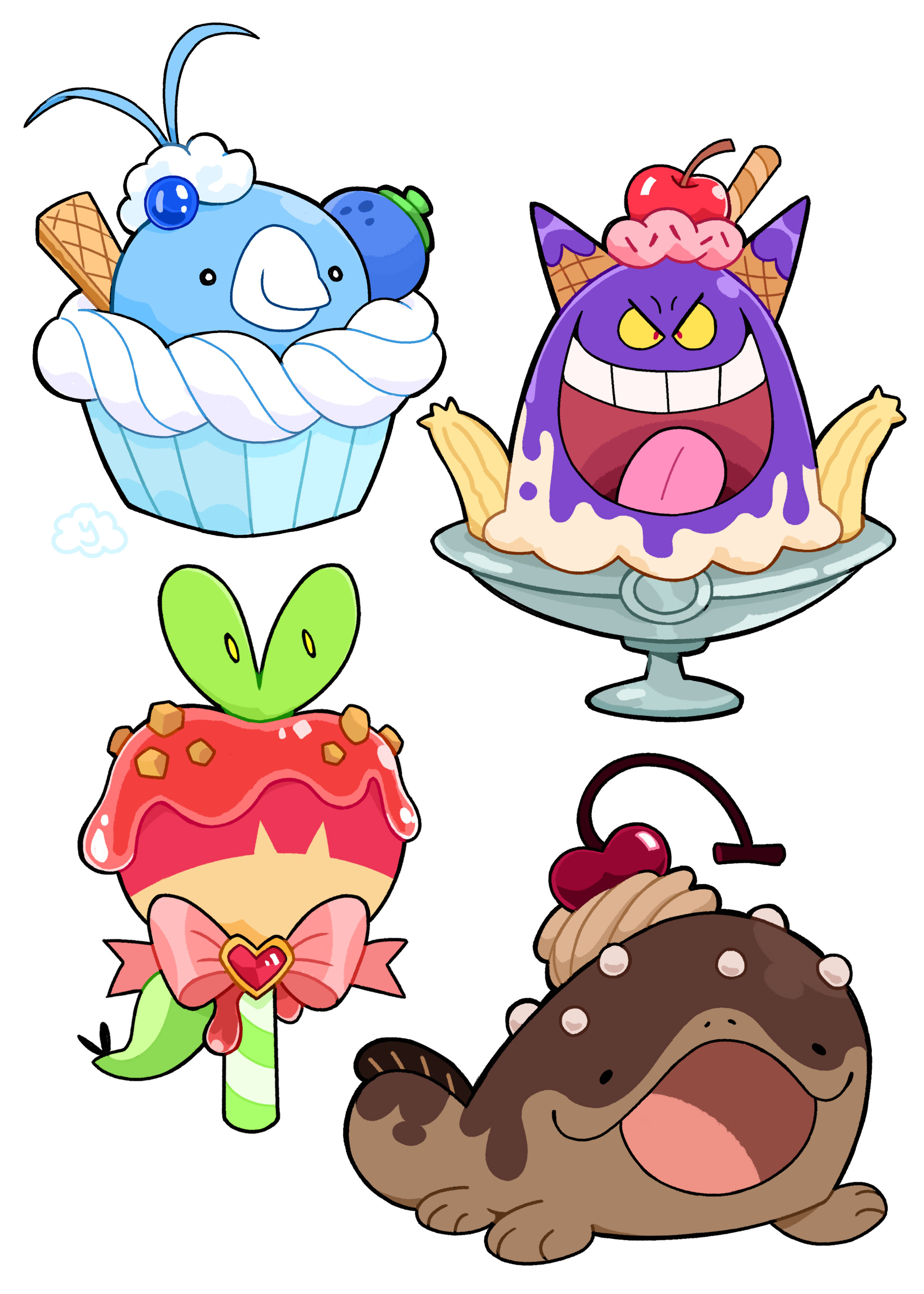 cracklewink, applin, clodsire, gengar, swablu, nintendo, pokemon, absurdres, highres, :d, banana, berry (pokemon), bow, cherry, cupcake, food, fruit, gen 1 pokemon, gen 3 pokemon, gen 8 pokemon, ice cream cone, no humans, open mouth, oran berry, pink bow, smile, wafer stick, whipped cream, white background