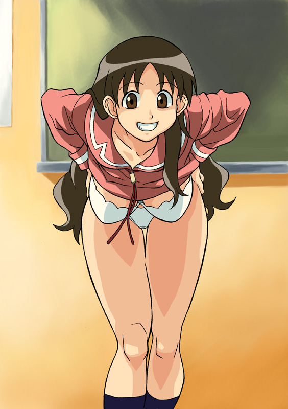 cirima, volvox, tanizaki yukari, azumanga daiou, 1girl, alternate costume, bad proportions, bent over, black hair, black socks, bra, breasts, brown eyes, brown hair, chalkboard, classroom, clothes lift, cosplay, female focus, grin, hanging breasts, indoors, kneehighs, large breasts, leaning forward, legs, lingerie, long hair, long sleeves, no pants, panties, poorly drawn, school, school uniform, serafuku, shirt lift, smile, socks, solo, standing, teacher, thigh gap, thighs, underwear, undressing, very long hair, white bra, white panties