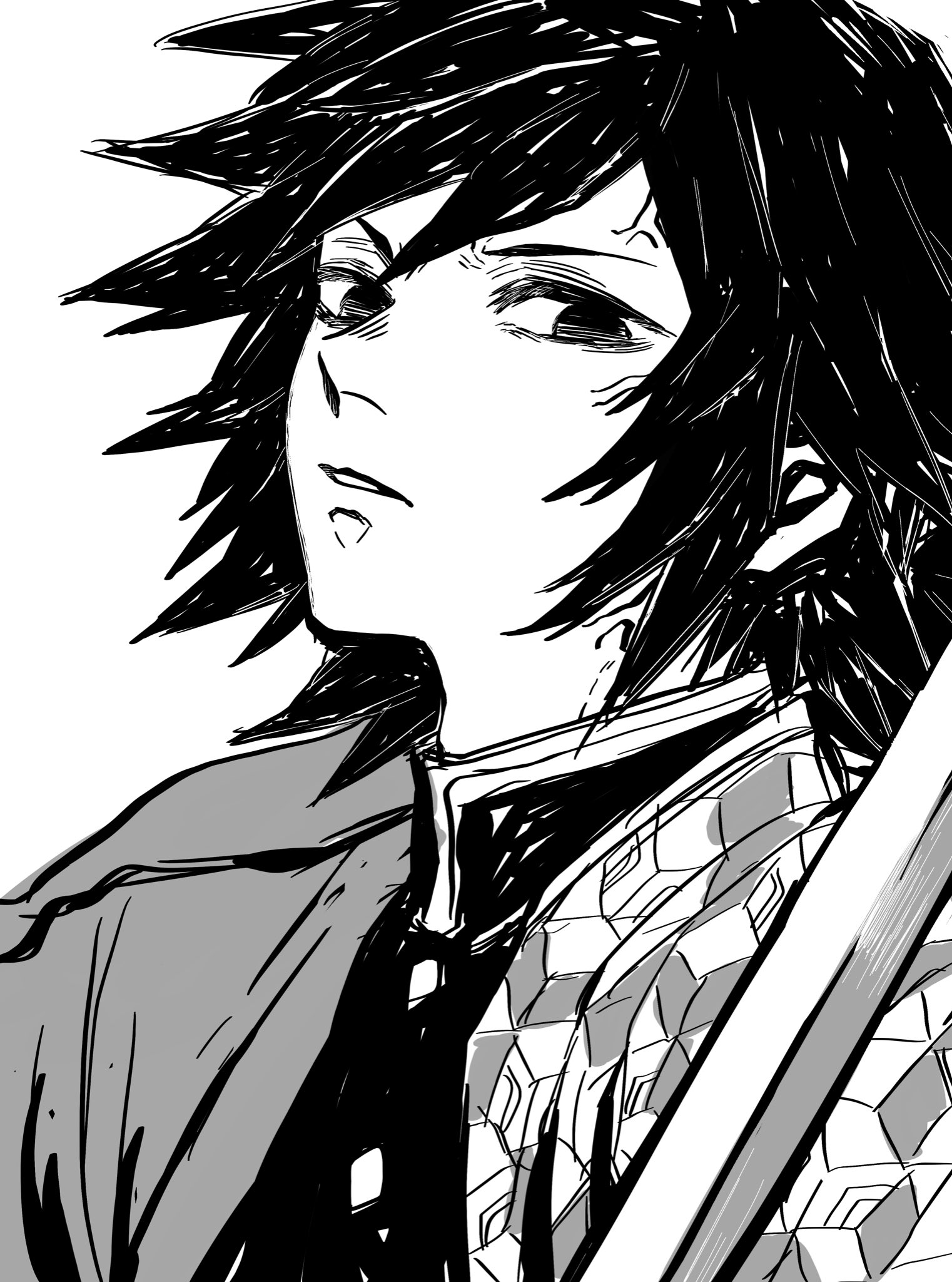 tomioka giyuu, kimetsu no yaiba, highres, 1boy, black hair, black jacket, buttons, demon slayer uniform, haori, holding, holding sword, holding weapon, jacket, japanese clothes, katana, looking at viewer, low ponytail, male focus, mmki ke0, parted lips, ponytail, print haori, simple background, solo, spiked hair, sword, teeth, weapon, white background