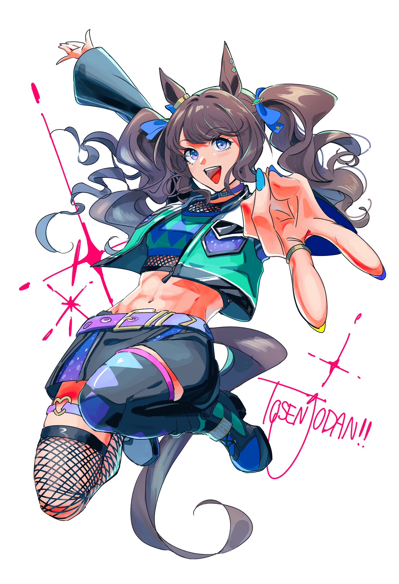 ohayonabeno, tosen jordan (umamusume), umamusume, highres, 1girl, animal ears, asymmetrical footwear, asymmetrical legwear, belt, black skirt, black thighhighs, blue eyes, boots, bow, breasts, brown hair, choker, crop top, cropped jacket, cropped shirt, ear ornament, fishnet thighhighs, fishnets, hair bow, horse ears, horse girl, horse tail, jacket, jewelry, long hair, long sleeves, looking at viewer, midriff, mismatched footwear, mismatched legwear, navel, open clothes, open jacket, open mouth, ring, shirt, simple background, skirt, smile, solo, tail, teeth, thighhighs, twintails, v, white background