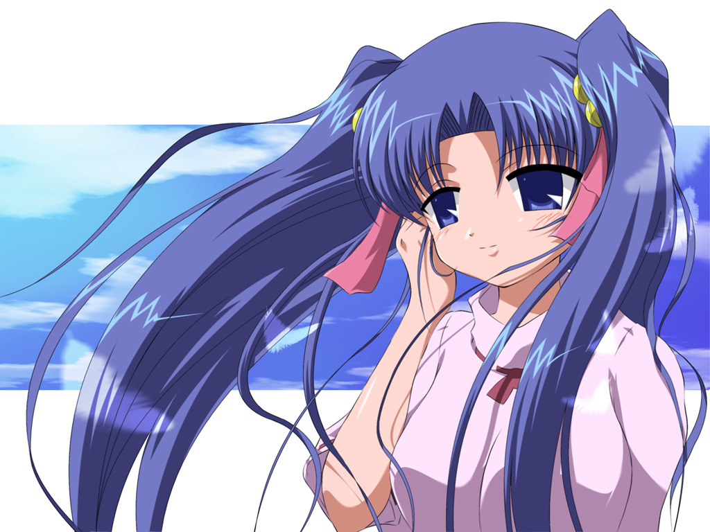 aoba kozue, konno natsume, mahoraba, 00s, 1girl, adjusting hair, bell, blue eyes, blue hair, blush, cloud, day, female focus, hair bell, hair bobbles, hair ornament, hair ribbon, long hair, matching hair/eyes, ribbon, smile, solo, twintails, wind