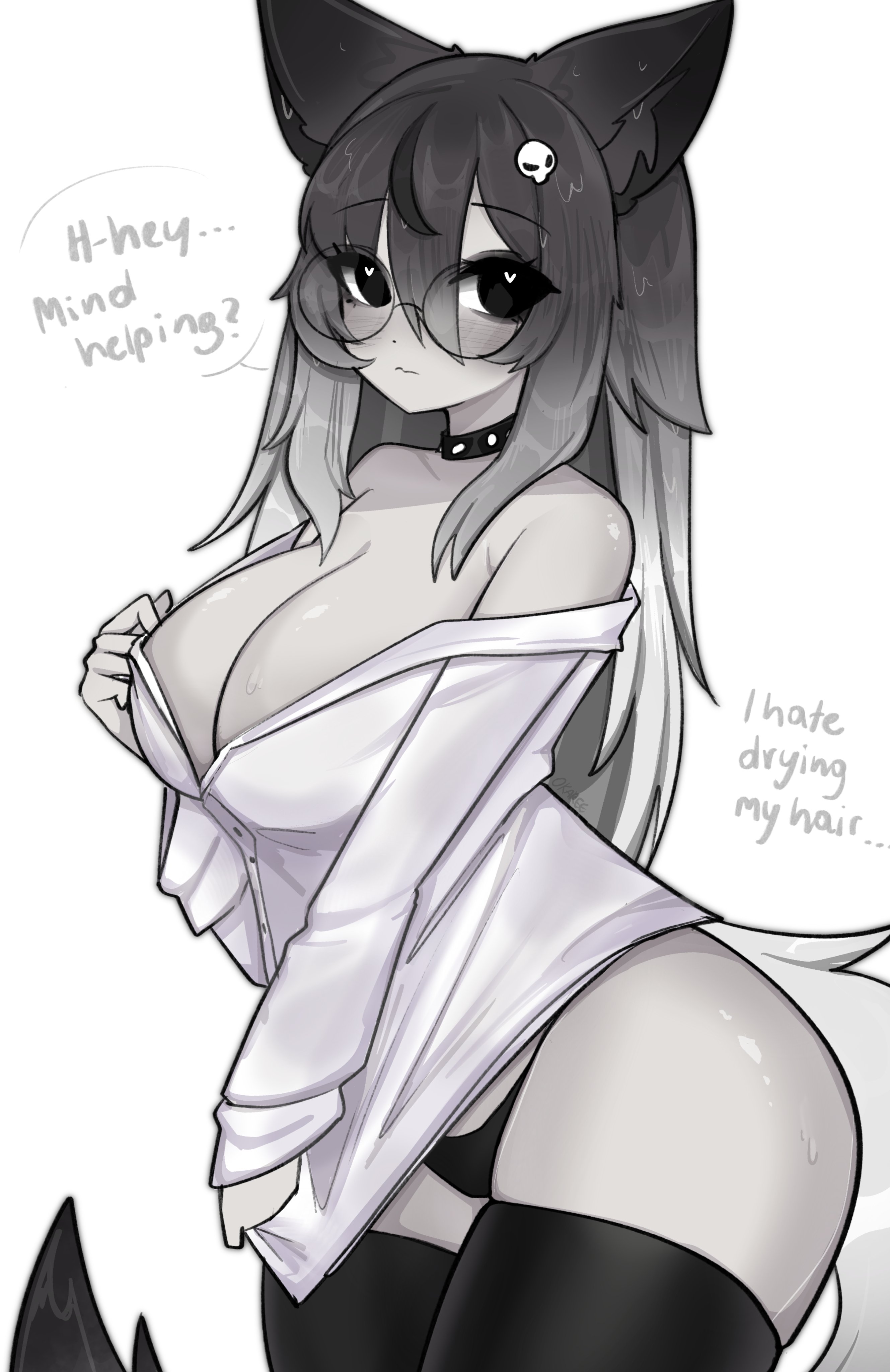 okariin, original, absurdres, commentary, english commentary, highres, 1girl, animal ear fluff, animal ears, bare shoulders, black-framed eyewear, black choker, black eyes, black panties, breasts, choker, cleavage, closed mouth, clothes pull, cowboy shot, double-parted bangs, english text, glasses, gradient hair, grey hair, hair between eyes, heart, heart in eye, large breasts, long hair, long sleeves, looking at viewer, multicolored hair, panties, round eyewear, shirt, shirt partially removed, shirt pull, simple background, skindentation, solo, speech bubble, sweat, symbol in eye, tail, talking, thighs, underwear, white background, white shirt, wolf ears, wolf girl, wolf tail
