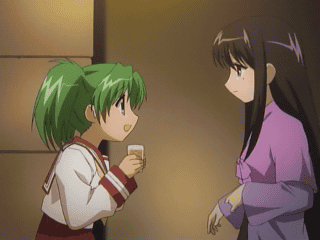 kurosaki asami, kurosaki sayoko, mahoraba, animated, animated gif, anime screenshot, lowres, 00s, 2girls, ^ ^, black hair, capelet, closed eyes, green hair, hand on another's head, headpat, holding, long hair, long sleeves, multiple girls, qvga, twintails
