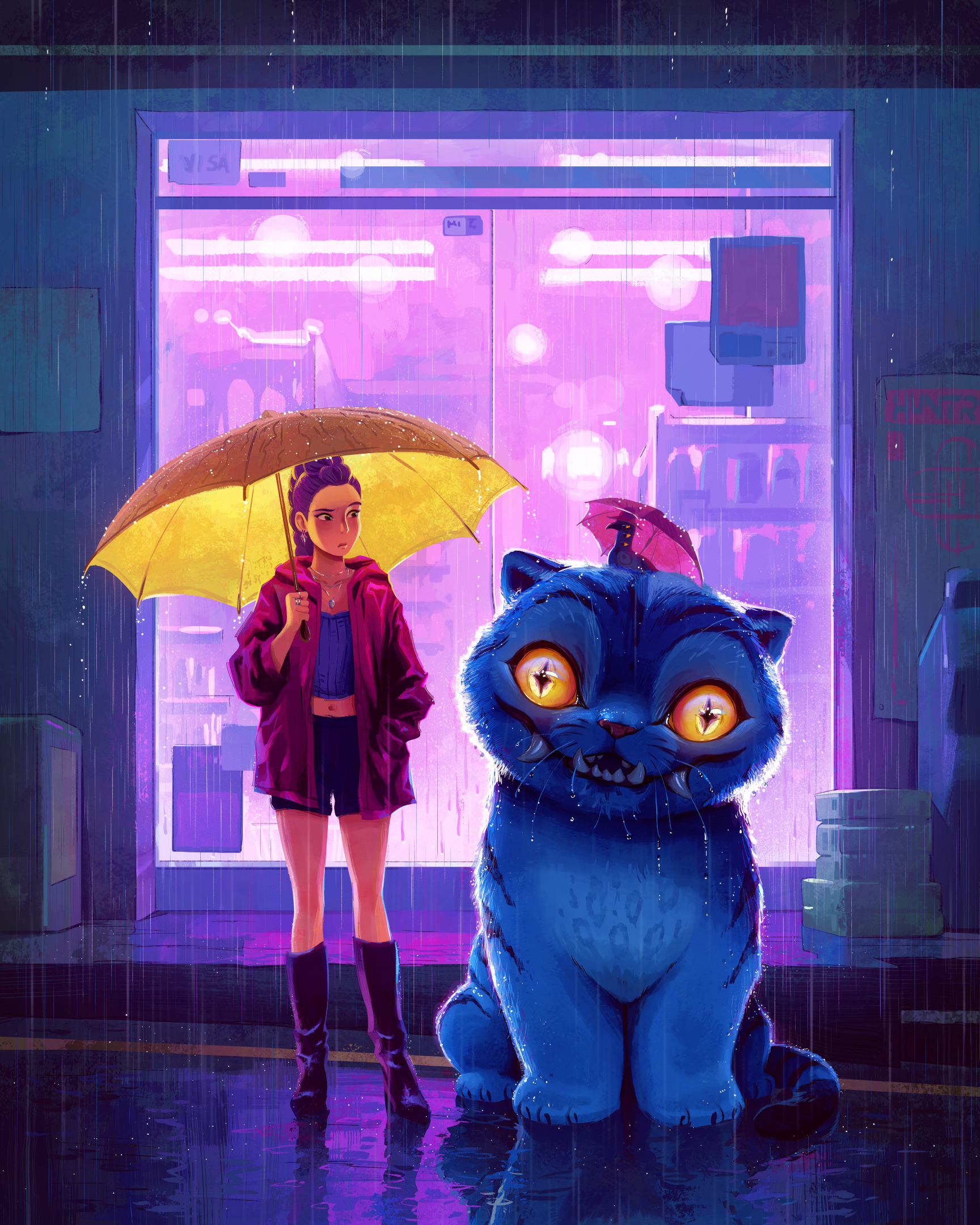 devin elle kurtz, derpy (kpop demon hunters), rumi (kpop demon hunters), kpop demon hunters, tonari no totoro, commentary, english commentary, highres, 1girl, bird, black boots, boots, cat, glass door, hand in pocket, hood, hood down, jacket, jewelry, midriff, navel, necklace, outdoors, parody, purple hair, rain, shorts, standing, storefront, totoro bus stop, umbrella, yellow eyes, yellow umbrella