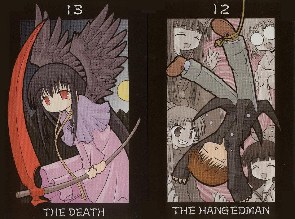aoba kozue, chanohata tamami, kurosaki sayoko, momono megumi, ryuusei johnny, shiratori ryuushi, shirogane miyabi, mahoraba, 00s, 1boy, 5girls, :d, ^ ^, black hair, capelet, card (medium), closed eyes, death (tarot), dress, fang, feathered wings, full moon, glasses, grin, holding, long hair, long sleeves, moon, multiple girls, noose, open mouth, red eyes, rope, scythe, smile, tarot, tarot (medium), tears, the hanged man (tarot), wings