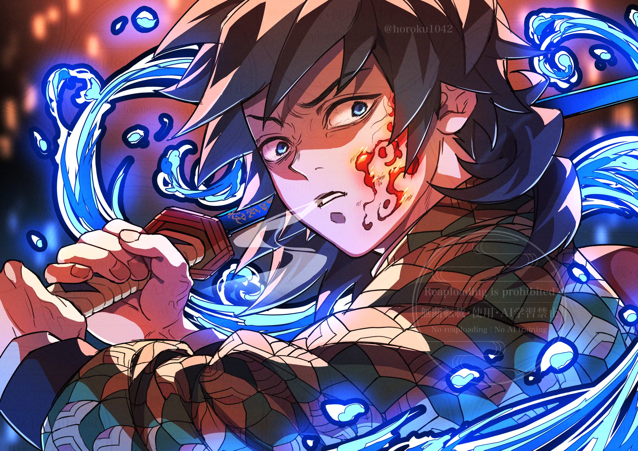 tomioka giyuu, kimetsu no yaiba, highres, 1boy, black hair, black jacket, blue eyes, demon slayer uniform, english text, haori, holding, holding sword, holding weapon, horoku1042, jacket, japanese clothes, katana, low ponytail, male focus, ponytail, print haori, solo, spiked hair, sword, teeth, twitter username, upper body, veiny face, water, watermark, weapon