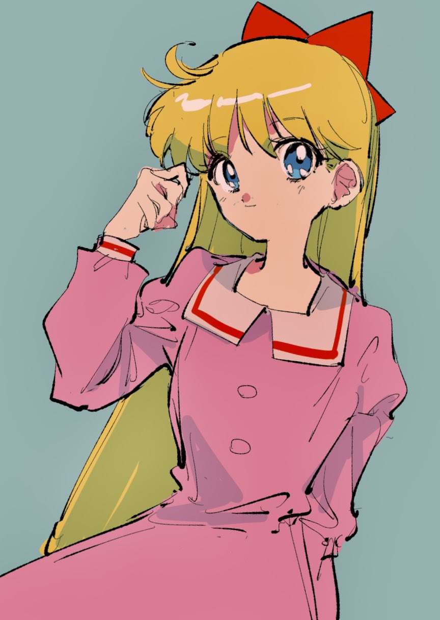 pochi (askas is god), aino minako, bishoujo senshi sailor moon, highres, 1girl, blonde hair, blue eyes, bow, collared dress, dress, hair bow, long hair, long sleeves, pink dress, red bow, simple background, smile, solo