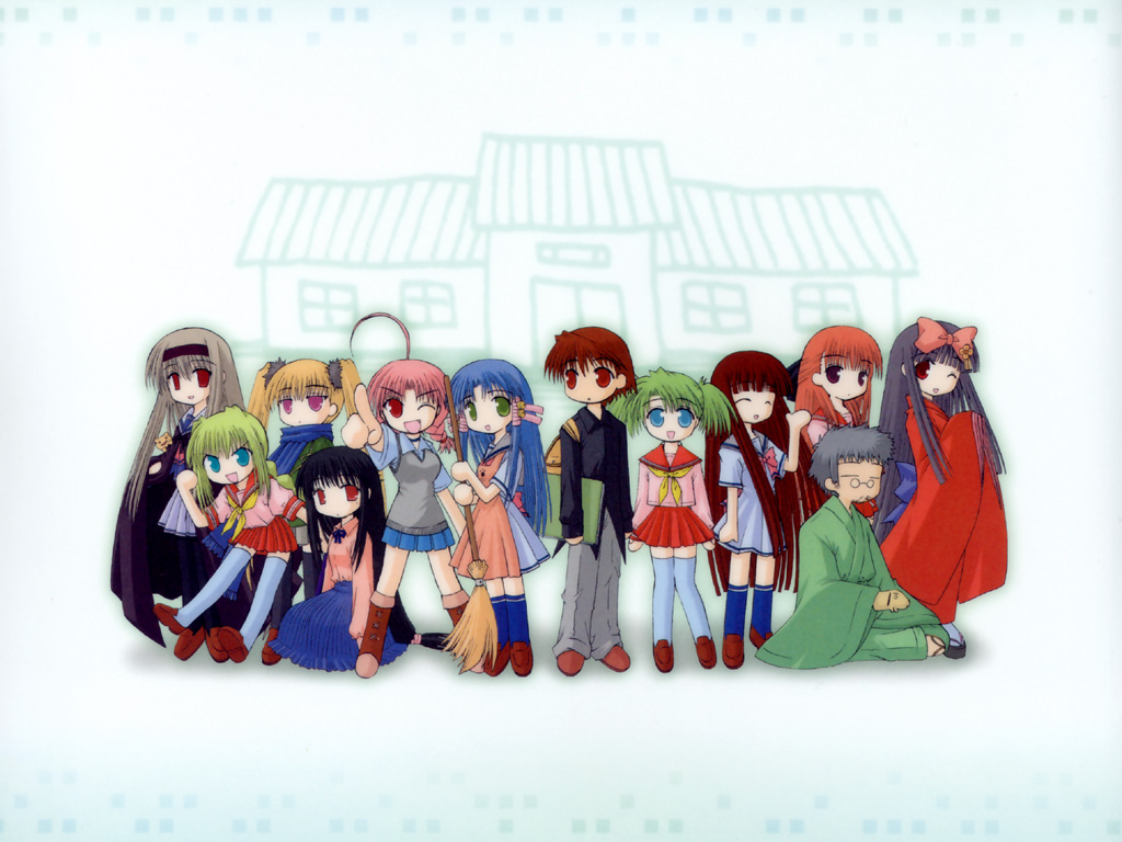 aoba kozue, asagi michiyo, buchou, chanohata tamami, haibara yukio, kurosaki asami, kurosaki sayoko, matsuba satsuki, minazuki mahiru, momono megumi, ryuusei johnny, shiratori ryuushi, shirogane miyabi, mahoraba, 00s, 2boys, 6+girls, :d, ;d, ^ ^, ahoge, apron, black hair, blue eyes, blue hair, broom, brown hair, cape, chibi, chibi only, closed eyes, everyone, glasses, gradient background, green eyes, green hair, hairband, holding, holding broom, long hair, multiple boys, multiple girls, one eye closed, open mouth, orange hair, outdoors, pantyhose, pink hair, purple eyes, red eyes, school uniform, skirt, smile, twintails