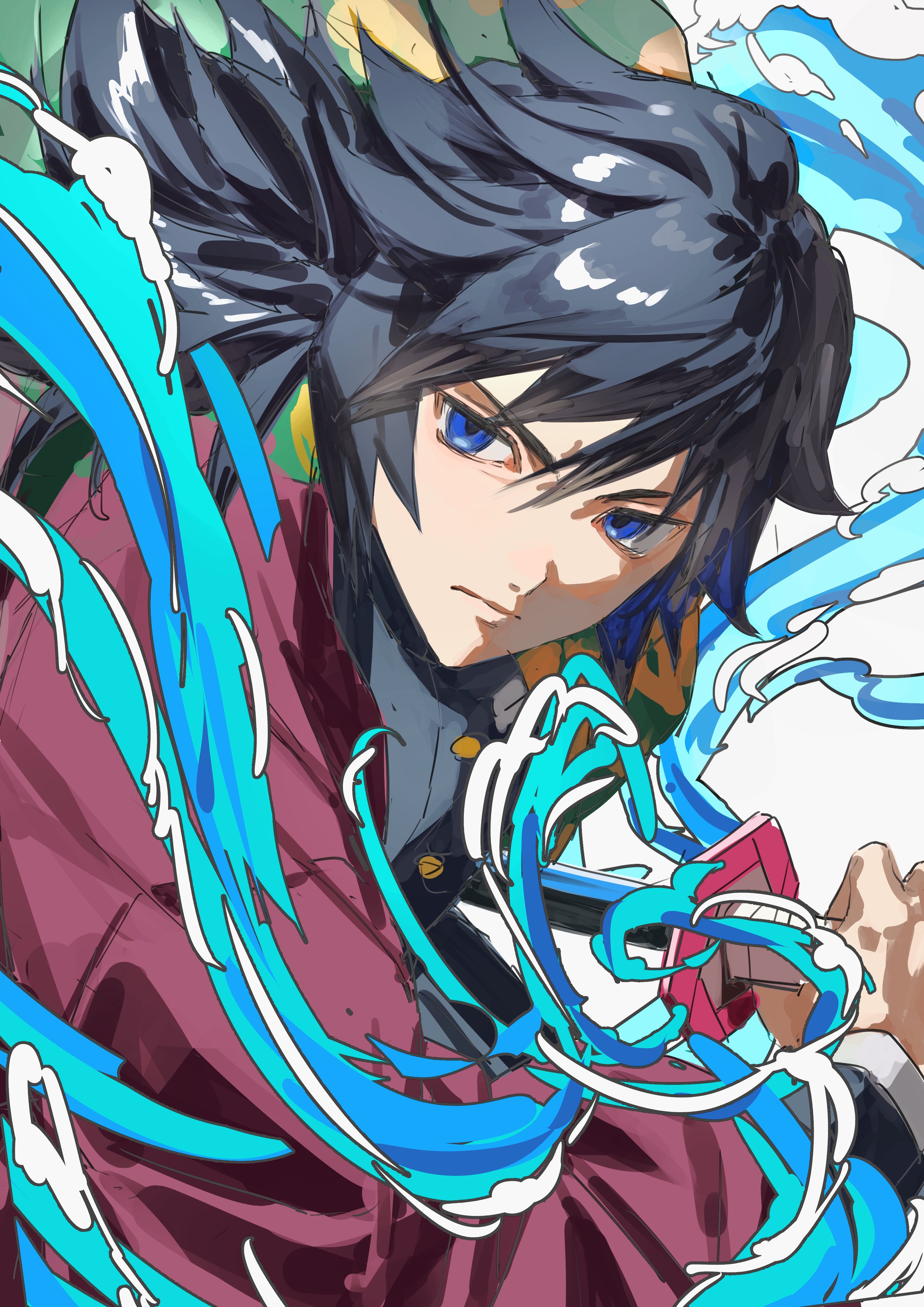 333takoyaki, tomioka giyuu, kimetsu no yaiba, absurdres, highres, 1boy, black hair, black jacket, blue eyes, buttons, closed mouth, demon slayer uniform, haori, holding, holding sword, holding weapon, jacket, japanese clothes, katana, low ponytail, male focus, ponytail, print haori, red haori, serious, solo, spiked hair, sword, upper body, water, weapon, white background
