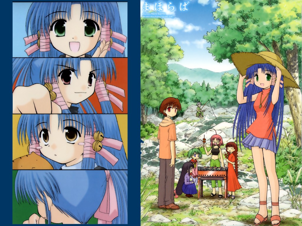 kojima akira, akasaka saki, aoba kozue, chanohata tamami, haibara yukio, kanazawa nanako, konno natsume, kurosaki asami, kurosaki sayoko, midorikawa chiyuri, momono megumi, shiratori ryuushi, mahoraba, 00s, 2003, 2boys, 5girls, :d, ^ ^, bell, black hair, blue hair, blush stickers, bow, braid, brown eyes, closed eyes, day, fishing, fishing rod, food, forest, glasses, green eyes, green hair, grill, hair bell, hair ornament, hands on headwear, hat, holding, long hair, looking at viewer, multiple boys, multiple girls, nature, navel, o o, open mouth, pink bow, pink hair, ribbon, sandals, shish kebab, smile, squatting, straw hat, tree, twin braids, twintails, water