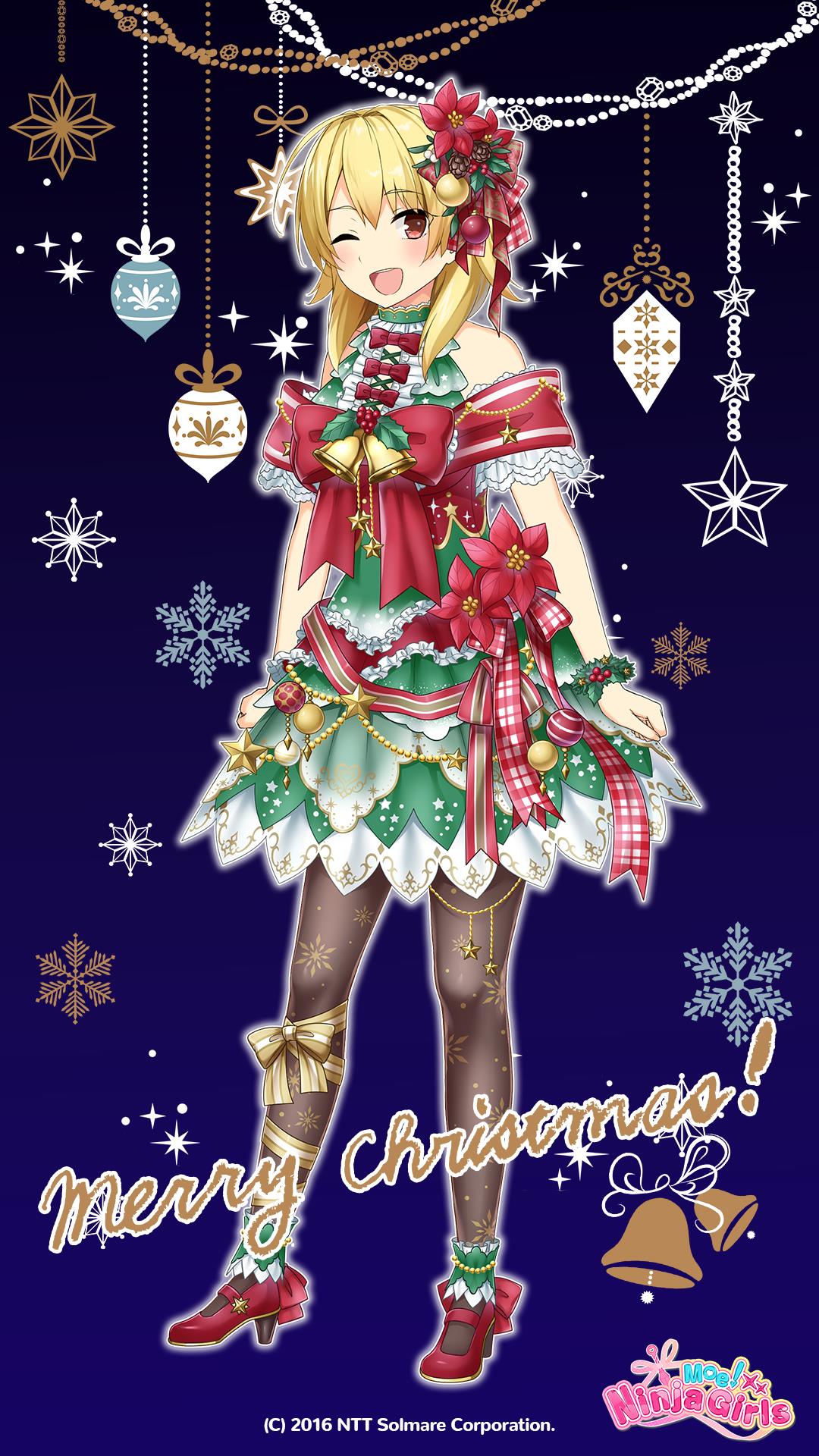 hanao akari, moe! ninja girls, ntt solmare, highres, official art, 1girl, alternate costume, bare shoulders, blonde hair, christmas, company name, copyright name, copyright notice, dress, flower, full body, gift, gradient background, hair flower, hair ornament, high heels, logo, medium hair, merry christmas, one eye closed, open mouth, pantyhose, red eyes, red ribbon, ribbon, santa costume, shoes, snowflakes, solo, standing