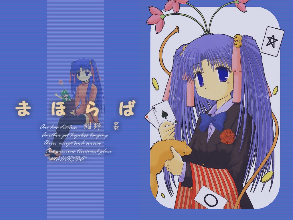 aoba kozue, konno natsume, sore, mahoraba, striped, 00s, 1girl, ace (playing card), ace of hearts, ace of spades, bell, blue eyes, blue hair, bow, card, carnation, coin, copyright name, ferret, floating card, flower, flower on head, hair bell, hair ornament, hair ribbon, heart, holding, holding card, long sleeves, magician, matching hair/eyes, mini person, minigirl, multiple views, pantyhose, pentagram, pink bow, playing card, ribbon, spade (shape), tuxedo, twintails, zener card